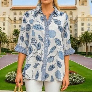 Gretchen Scott blue and white button shirt tunic cotton 3/4 sleeve Size XS